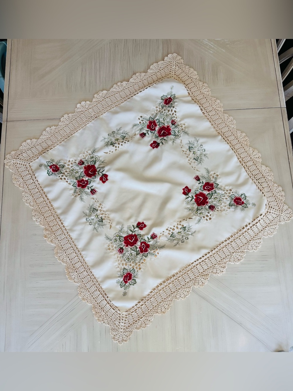 Vintage Italian Coprimacchia Embroidered Satin Table Topper - Hand Crocheted
